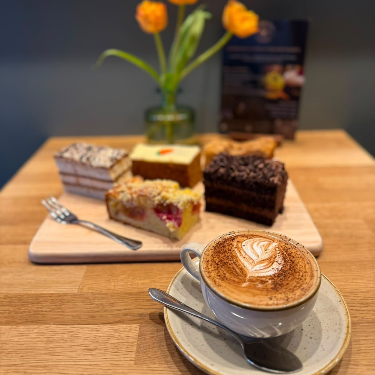 Coffees, cakes and flowers